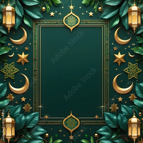 Luxurious Eid Mubarak Frame with Golden Decorations and Green Background