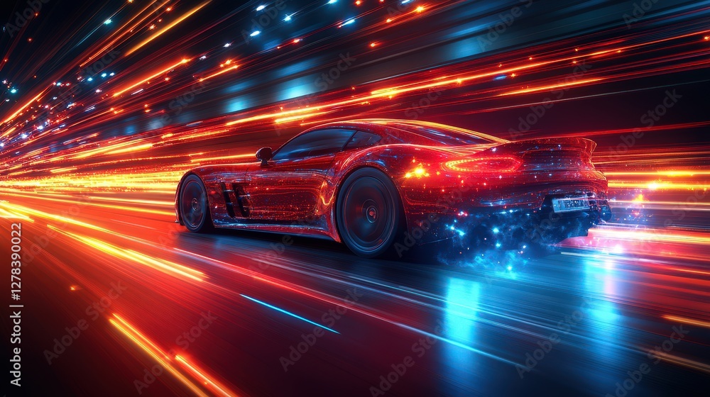 Speeding through the lights of a futuristic city at night, a car blazes a trail of brilliance Speeding through the lights of a futuristic city at night, a car blazes a trail of brilliance