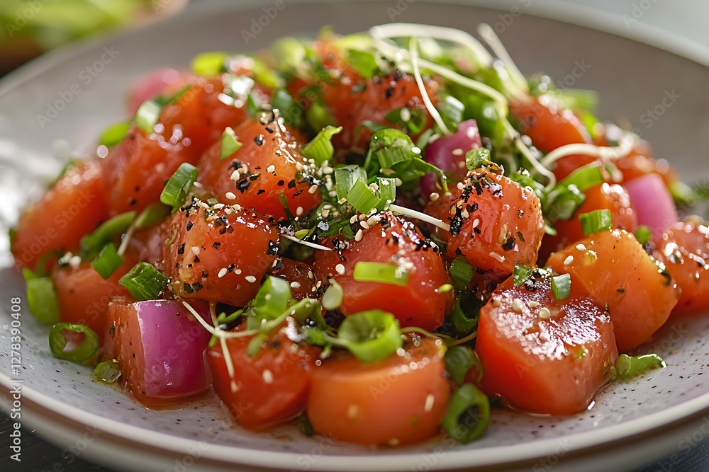 Plate of Salmon Poke with Toppings, plate, on table Plate of Salmon Poke with Toppings, plate, on table