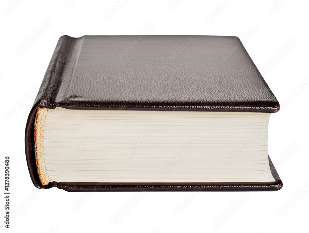 Closed brown leather book with transparent background studio minimalist style side view