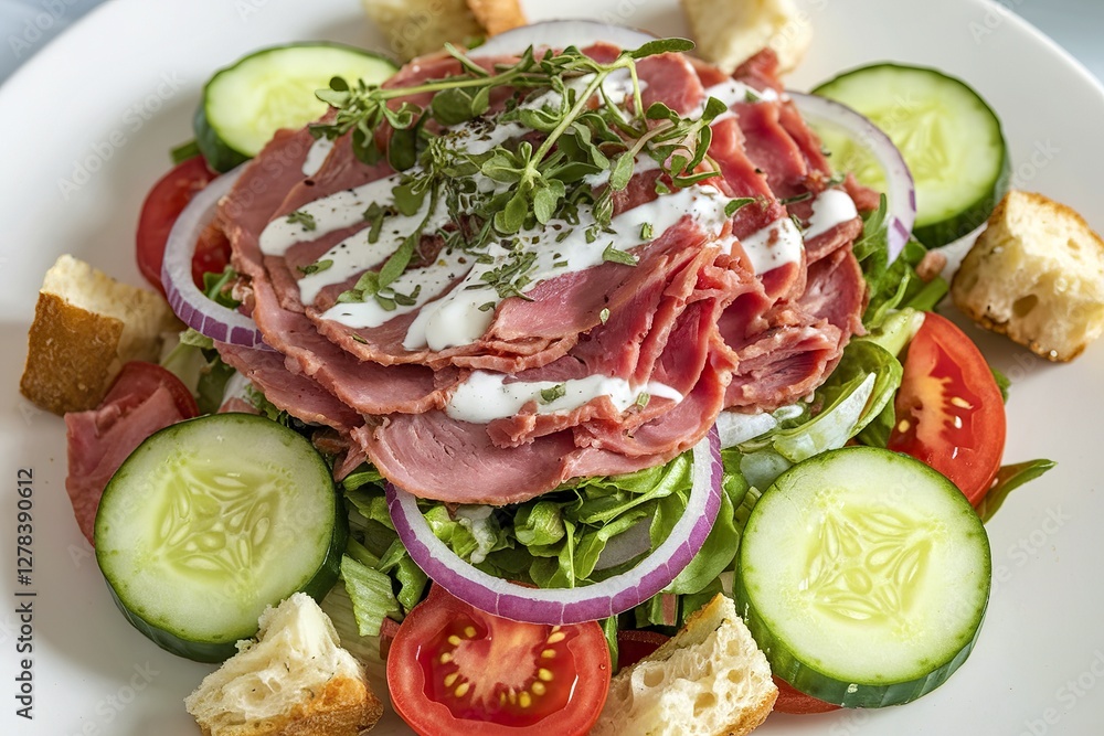 cucumber, tomato, onion, green salad, and thinly sliced pastrami meat cucumber, tomato, onion, green salad, and thinly sliced pastrami meat