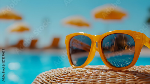 Yellow Sunglasses Reflecting Swimming Pool at a Tropical Resort on Sunny Day