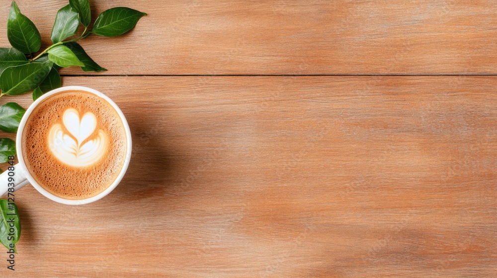Inviting cup of coffee resting on warm wood with delicate leaf accents Inviting cup of coffee resting on warm wood with delicate leaf accents