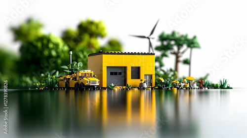 Yellow Toy Truck Building Windmill Green Landscape