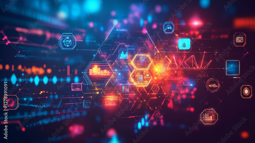 Obraz premium Collaborative development, isometric business concept vector. Holographic interface icons shield, clock, light bulb, gear and wrench with connections on ultraviolet background