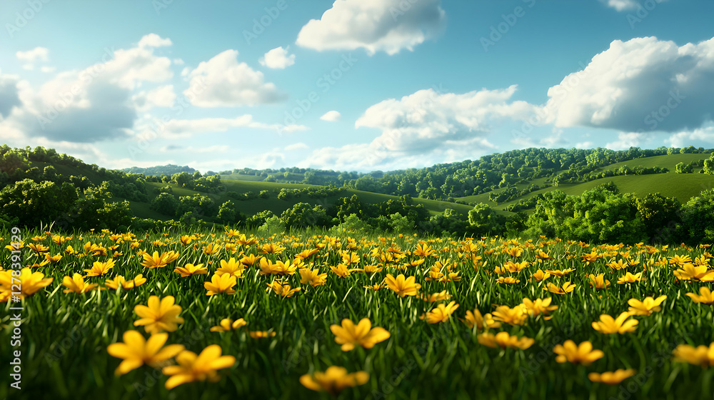 Yellow Wildflowers Blooming In A Meadow With Green Hills And Blue Sky Yellow Wildflowers Blooming In A Meadow With Green Hills And Blue Sky