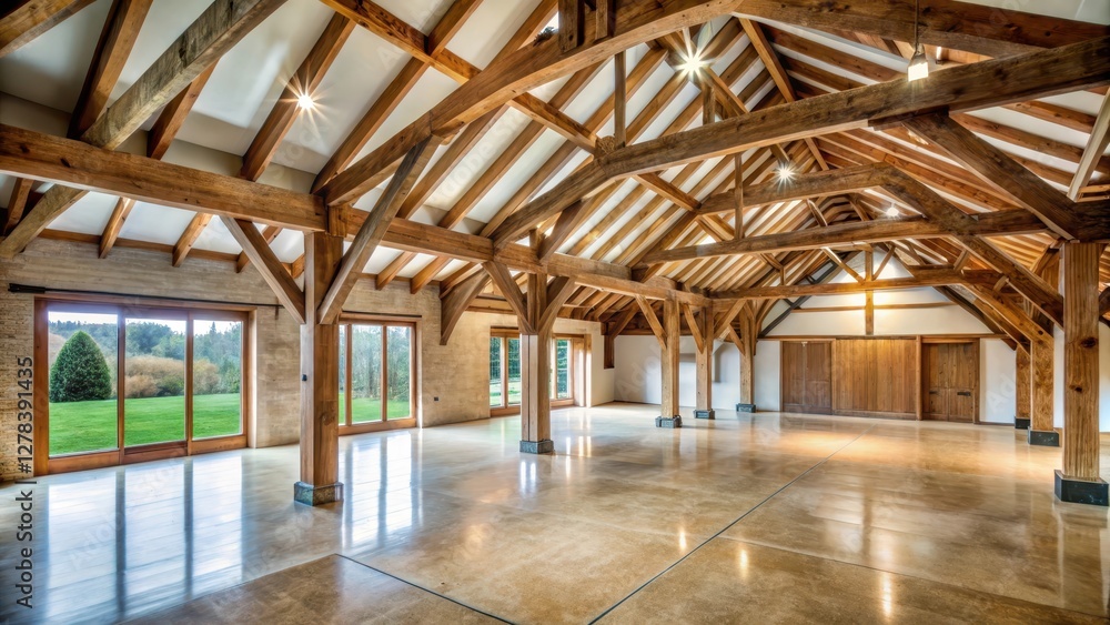 Naklejka premium Rustic barn conversion with exposed wooden beams and modern concrete flooring, reclaimed wood, home renovation ideas