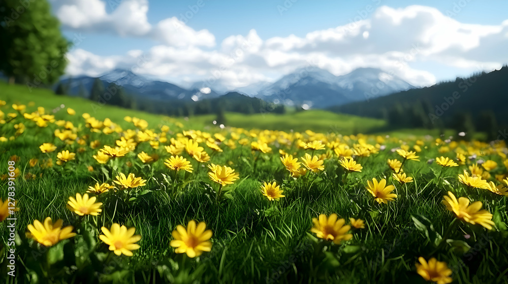 Yellow Wildflowers Blooming In Mountain Meadow Yellow Wildflowers Blooming In Mountain Meadow