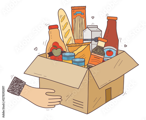 Hand holding a box of groceries, symbolizing food delivery or donation.