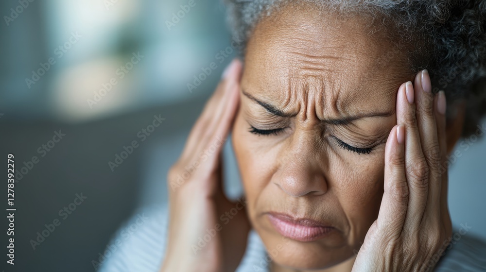 Older woman experiencing intense anxiety and panic in her living room Older woman experiencing intense anxiety and panic in her living room
