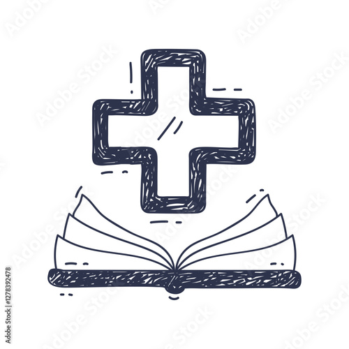 Open book with medical cross symbolizes medical knowledge and healthcare education.