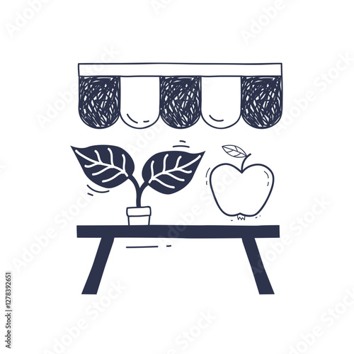 Illustration of a market stall with a striped canopy, featuring a potted plant and an apple.
