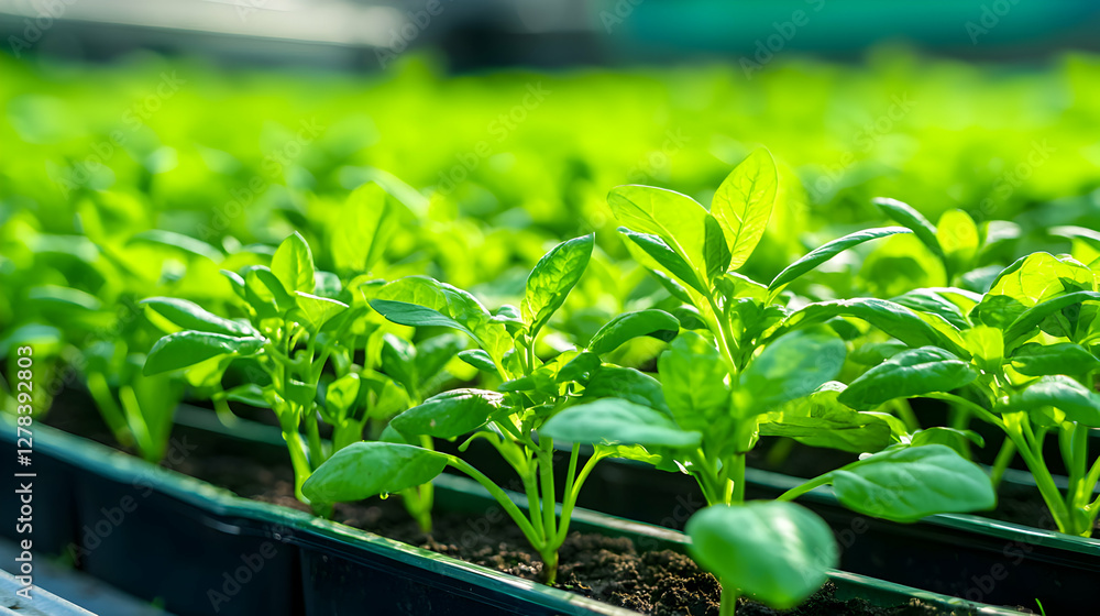 Young Green Seedlings in Nursery Tray with Bright Sunlight in Greenhouse Young Green Seedlings in Nursery Tray with Bright Sunlight in Greenhouse