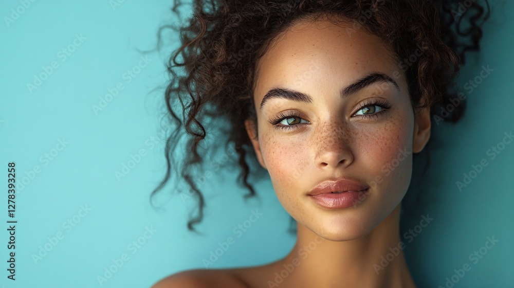 A Beautiful Woman Poses Against a Teal Background with Freckles
