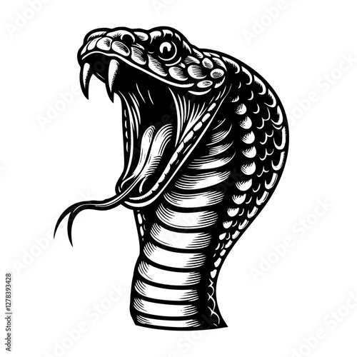 Cobra snake sketch engraving black and white outline. Scratch board imitation.
