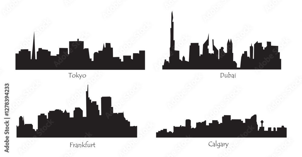 Set of skyline silhouettes of different cities, Calgary, Tokyo, Dubai, Frankfurt. Cityscape black vector illustrations isolated on transparent background Set of skyline silhouettes of different cities, Calgary, Tokyo, Dubai, Frankfurt. Cityscape black vector illustrations isolated on transparent background