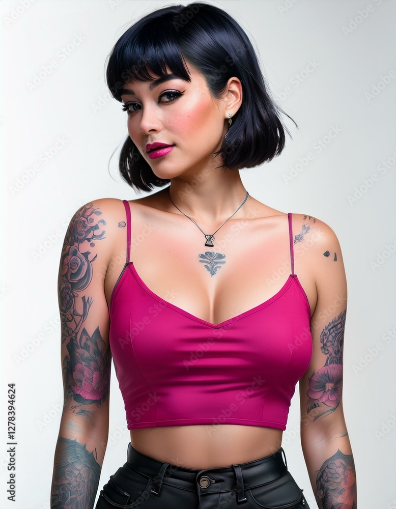 studio portrait of a brunette short haired tattoed model with nude shoulders wearing a low cut pink fuchsia top on white background studio portrait of a brunette short haired tattoed model with nude shoulders wearing a low cut pink fuchsia top on white background