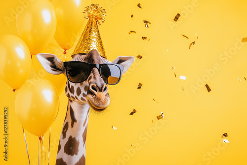 Funny cute giraffe wearing sunglasses holding happy birthday balloons and confetti explosion flying around greeting card on vibrant yellow background with copy space