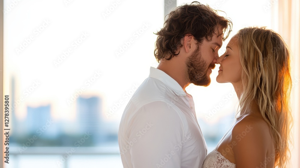 Couple sharing a tender moment by the window at sunset Couple sharing a tender moment by the window at sunset