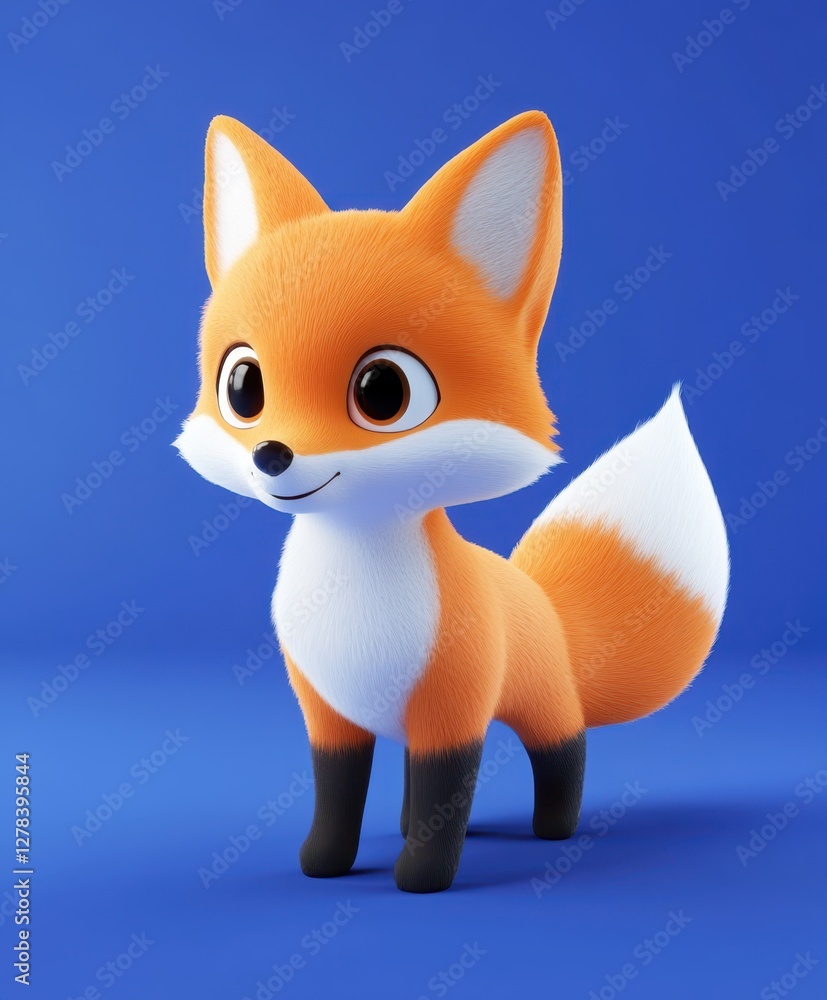 Obraz premium A detailed close-up of a toy fox against a vibrant blue background, showcasing its texture and vibrant colors.