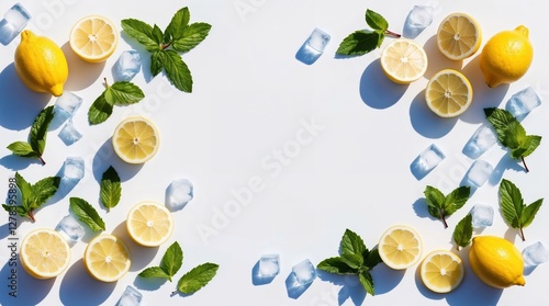 Horizontal Lemon and Mint Frame with Ice Cubes on White Background. A refreshing citrus frame made of lemon slices, whole lemons, fresh mint leaves, and ice cubes on a white background, creating a coo photo