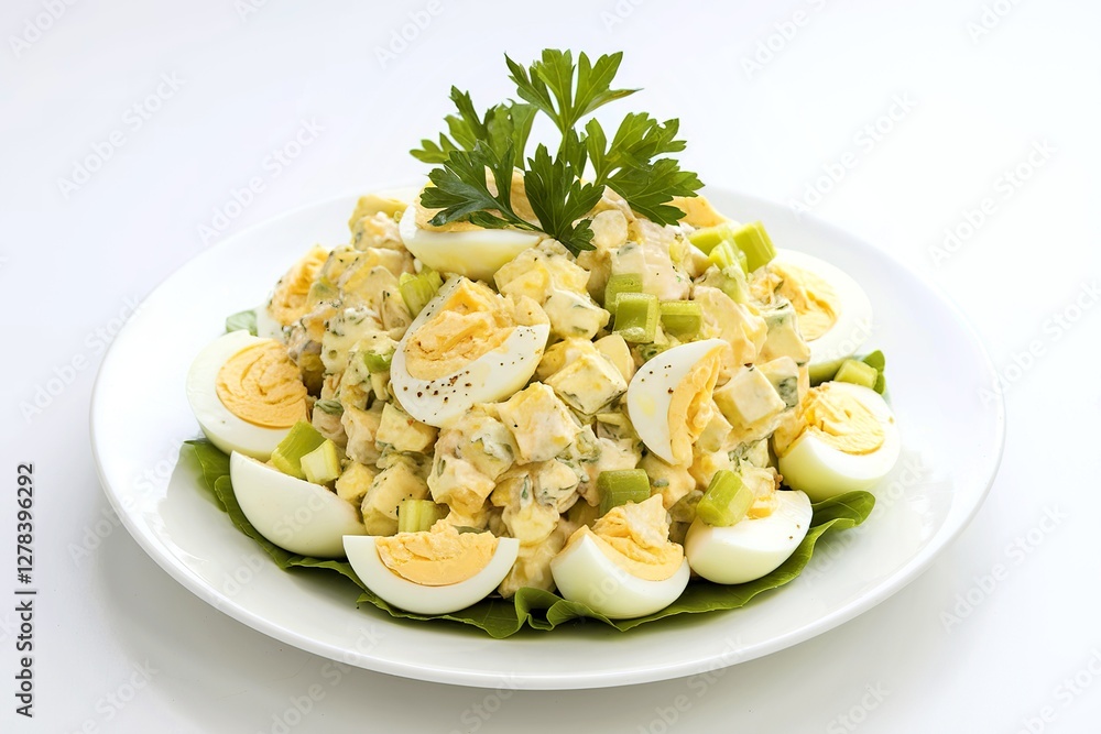 a plate with egg salad, isolated on a white background a plate with egg salad, isolated on a white background