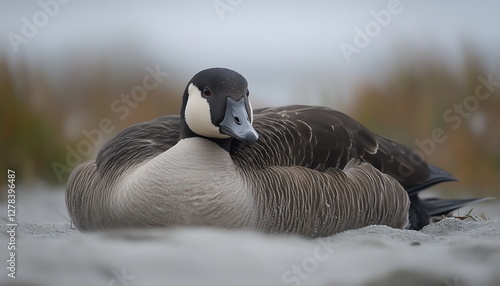 Resting Canada Goose on Sandy Shore photo