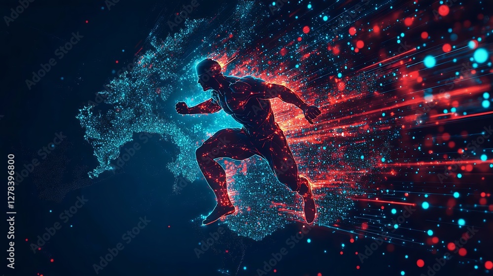Dynamic digital art showcasing a male athlete in motion, surrounded by vibrant glowing particles and abstract lines, symbolizing speed and energy. Dynamic digital art showcasing a male athlete in motion, surrounded by vibrant glowing particles and abstract lines, symbolizing speed and energy.