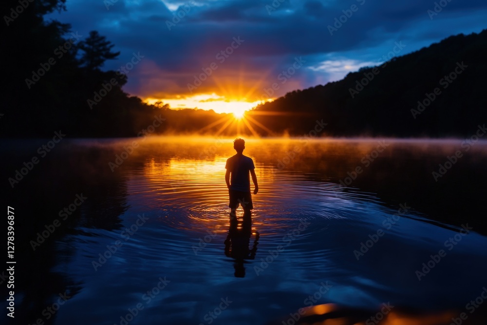 Fototapeta premium Boy lake sunrise misty nature contemplation
