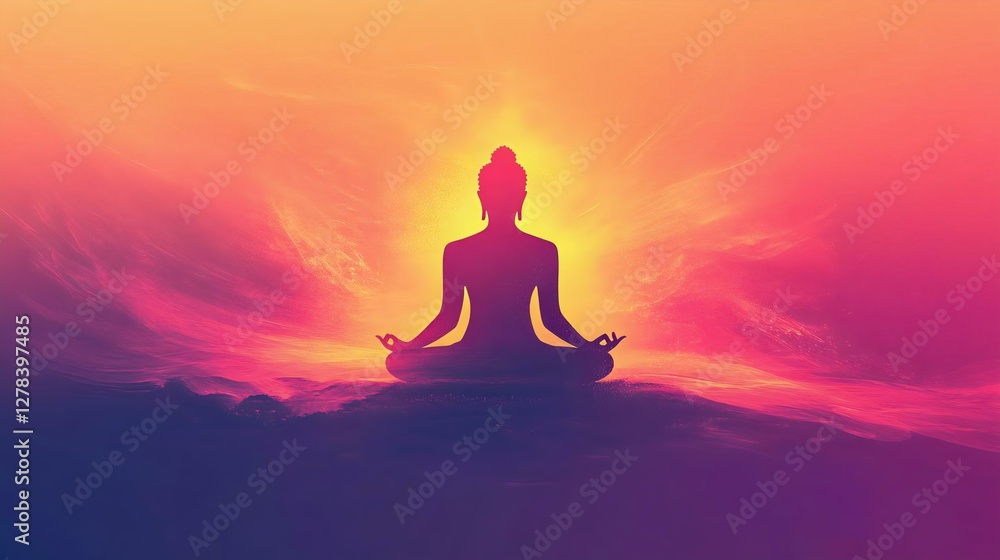 Serene silhouette of a meditating figure against a vibrant sunset backdrop, representing peace, tranquility, and mindfulness. Serene silhouette of a meditating figure against a vibrant sunset backdrop, representing peace, tranquility, and mindfulness.