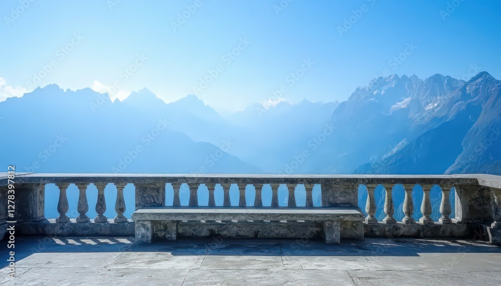 Stone Balustrade and Bench Overlooking Blue Mountain Range Stone Balustrade and Bench Overlooking Blue Mountain Range