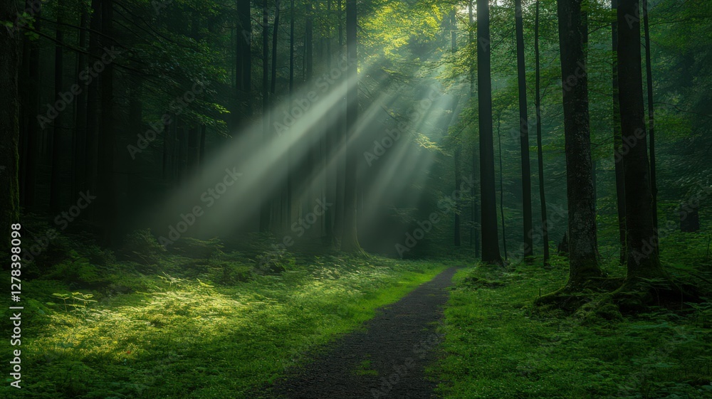 Fototapeta premium Sunbeams Through Forest Canopy Illuminating Path