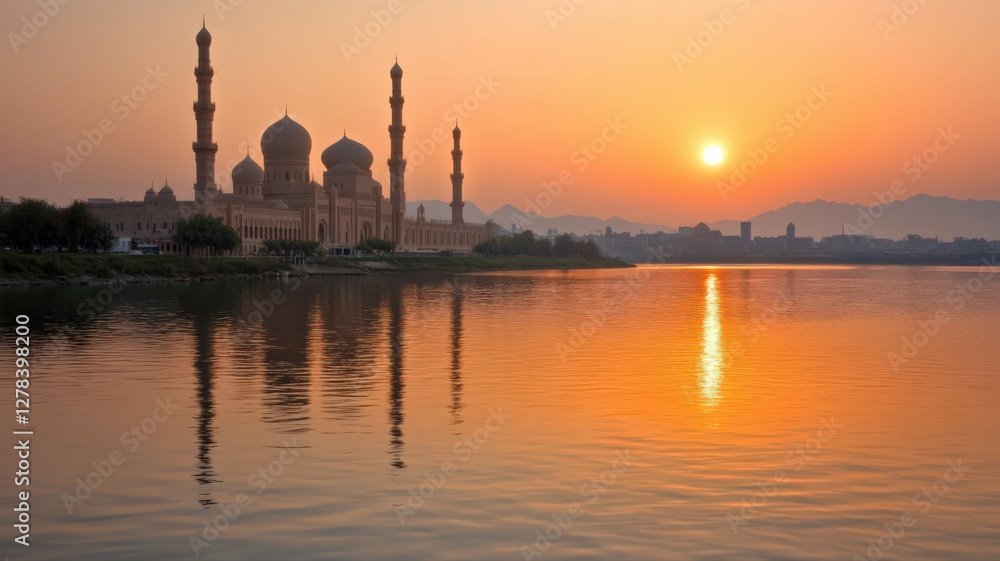 Naklejka premium Tranquil Sunset Reflection Mosque by a Calm Lake