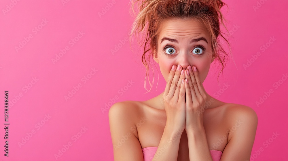 Young woman covering mouth showing surprised facial expression on pink background Young woman covering mouth showing surprised facial expression on pink background