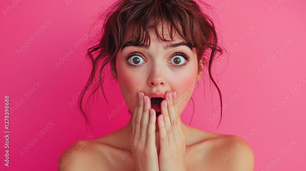 Astonished young woman expressing shock and surprised expressions on pink background
