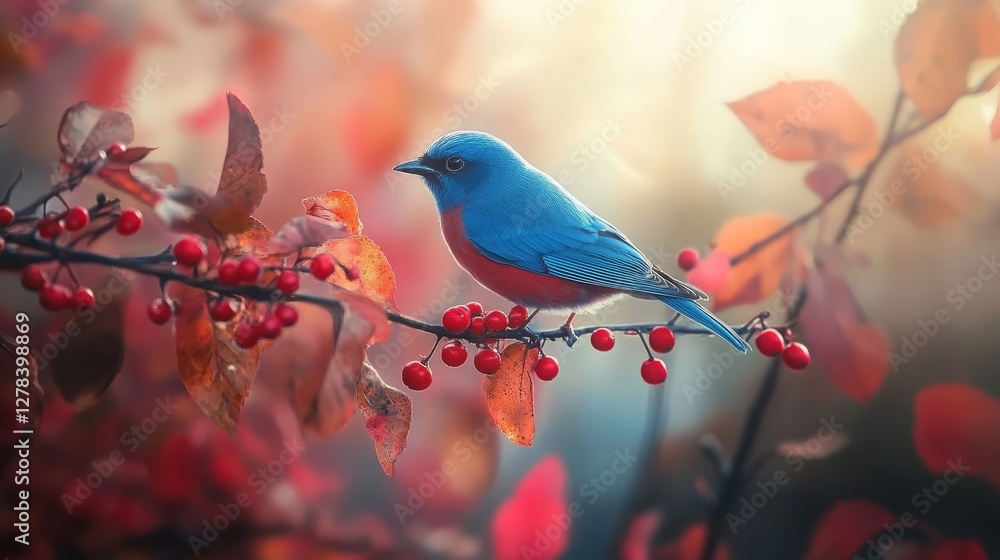 Bluebird perched on a branch with red berries in a nature setting Bluebird perched on a branch with red berries in a nature setting