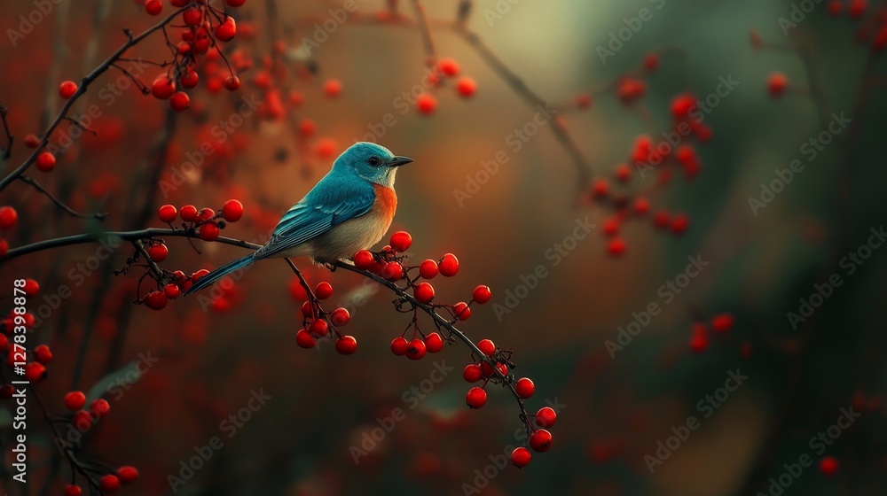 Obraz premium A Stunning Blue Bird on a Branch with Red Berries