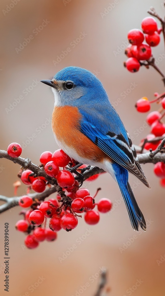 Stunning Blue Bird with Red Berries - A Nature's Embrace