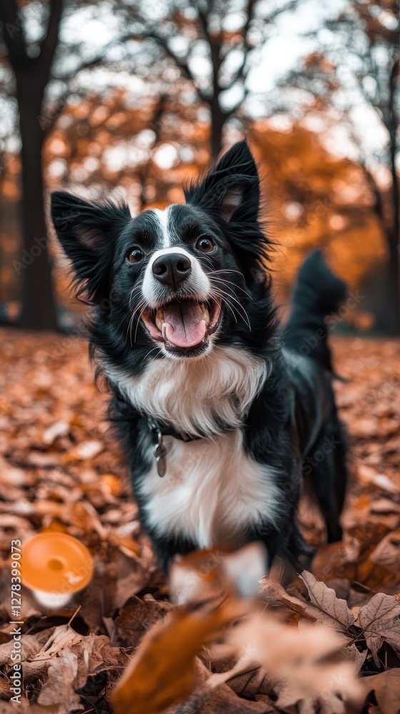 Playful Border Collie in Autumn Leaves Playful Border Collie in Autumn Leaves