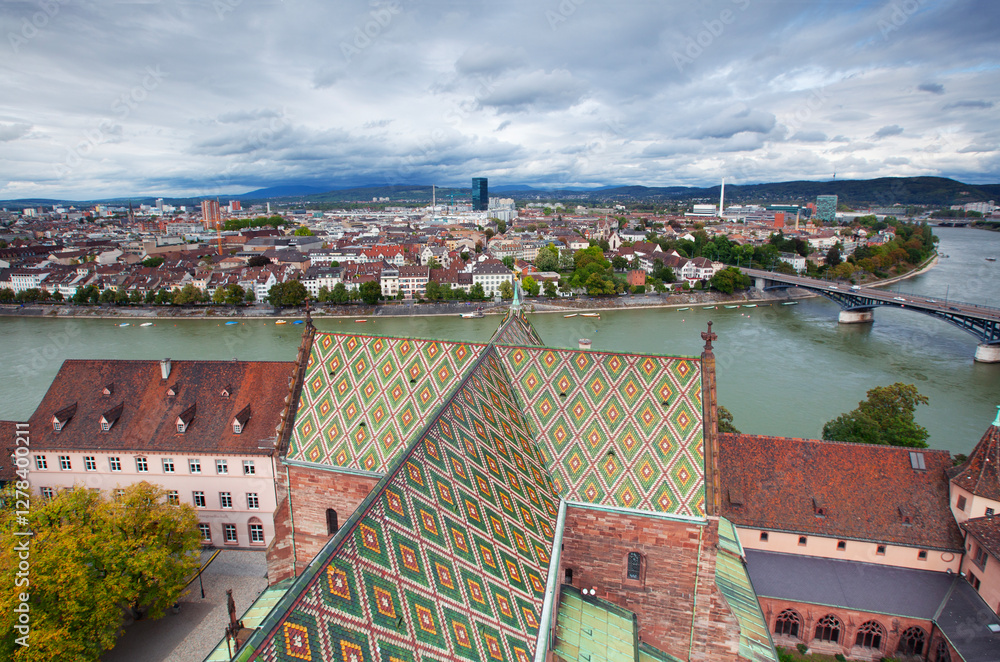 Aerial view of the Basel with ornate 'Munster tower' with Rhine river