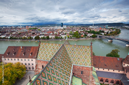 Aerial view of the Basel with ornate 'Munster tower' with Rhine river