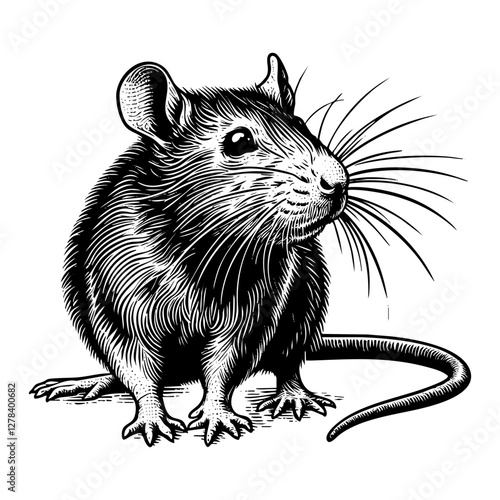 Rat sketch engraving black and white outline. Scratch board imitation.
