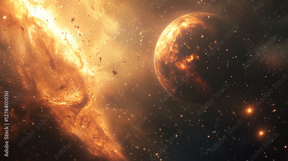 Obraz premium FieryPlanetinaCosmicNebula