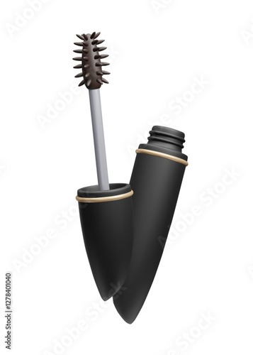 Black 3D mascara make-up beauty vector illustration isolated on white background. Open mascara bottle tube with rubber brush eye lash mascara applicator. Korean skincare, 3D beauty fashion makeup.