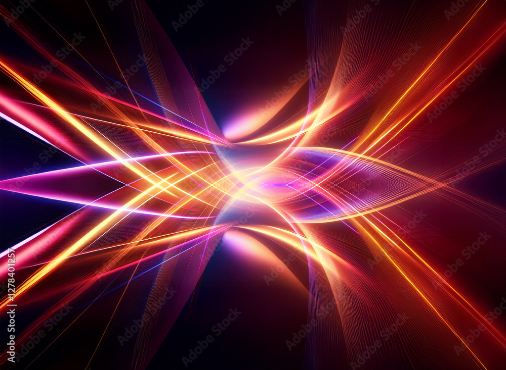 Vibrant light rays intersect, forming a symmetrical and dynamic abstract design against a dark backdrop. Red, orange, and purple hues create an energetic and visually striking image. Vibrant light rays intersect, forming a symmetrical and dynamic abstract design against a dark backdrop. Red, orange, and purple hues create an energetic and visually striking image.