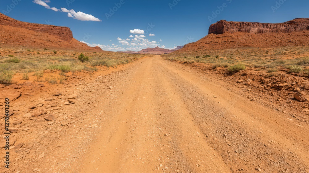 Red Dirt Road Through Arid Desert Landscape Under Bright Blue Sky Red Dirt Road Through Arid Desert Landscape Under Bright Blue Sky