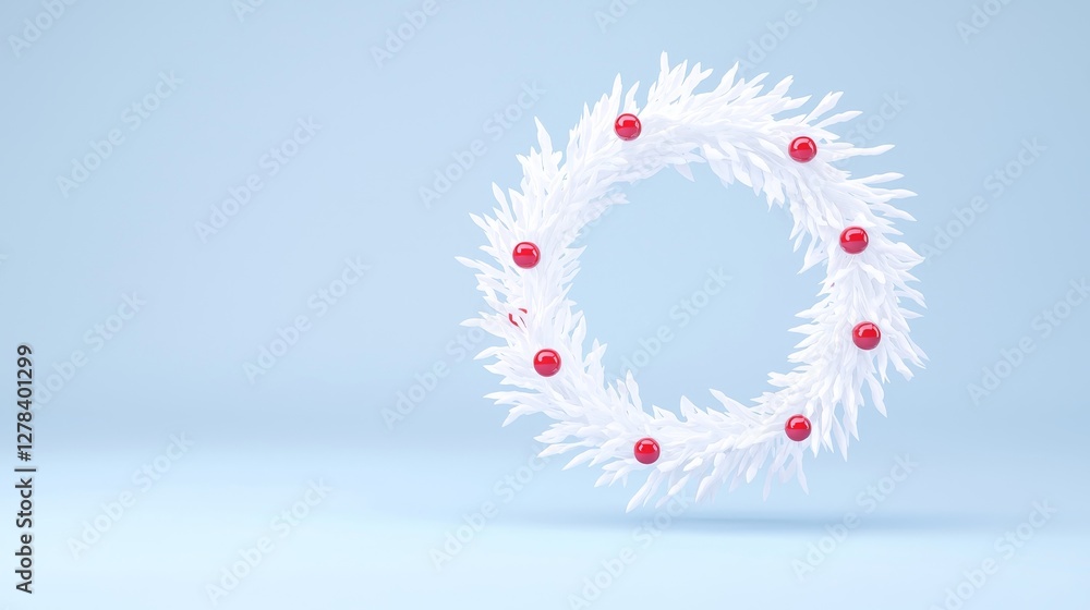 Decorative white wreath with red berries minimalist design festive season indoor close-up view holiday concept Decorative white wreath with red berries minimalist design festive season indoor close-up view holiday concept