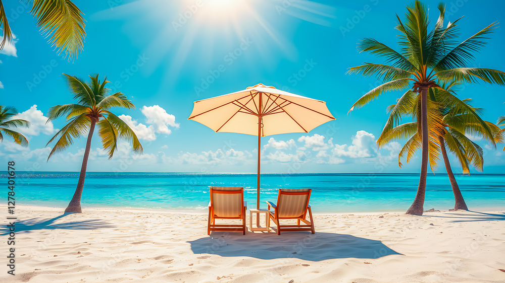 Fototapeta premium Beautiful panoramic sea sand sky. Tropical relax beach sunny summer island landscape. Love couple chairs umbrella palm leaves romantic coast. Luxury travel destination. Honeymoon vacation best holiday