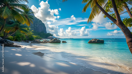 Pristine island beach. Summer landscape sunny sea blue sky white clouds over sandy coast with palm trees. Amazing travel wallpaper, rocks idyllic calm waves. Inspire vacation beachfront