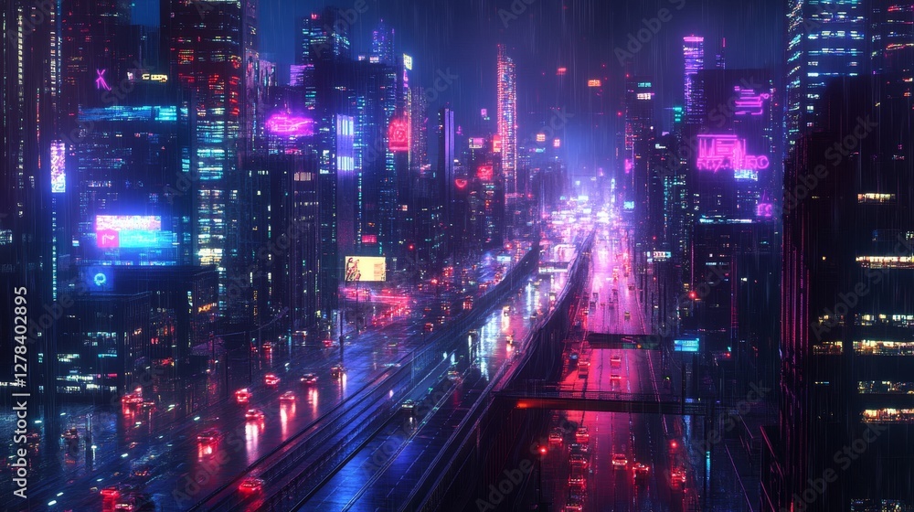 Obraz premium Neon-Lit Rain-Drenched Metropolis: Futuristic Cityscape at Night